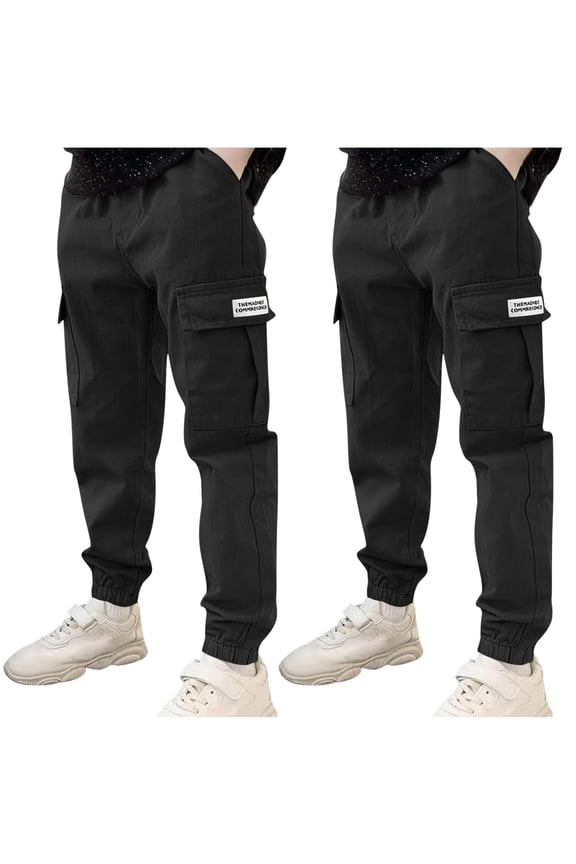 2 Pack Boys Cargo Pants Cotton Casual Pants Elastic Waist Hiking School Uniform Sweatpants Joggers Today Black,3 Years