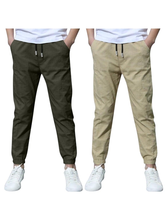 2 Pack Boys Cotton Linen Pants Childrens Slim Fit Straight Leg Pants Drawstring Elastic Waist Pant with Pocket Casual Outwear Pants Green,3 Years