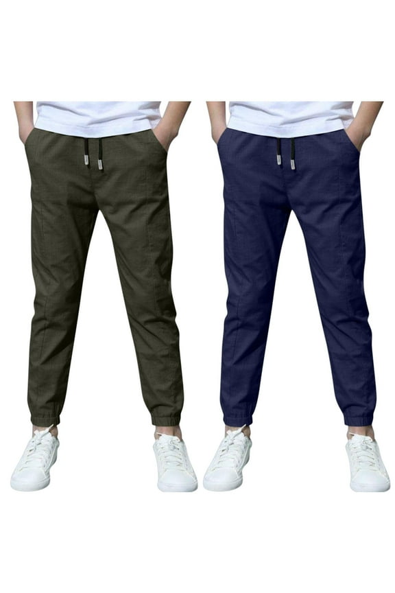 2 Pack Boys Cotton Linen Pants Childrens Slim Fit Straight Leg Pants Drawstring Elastic Waist Pant with Pocket Casual Outwear Pants Blue,7 Years