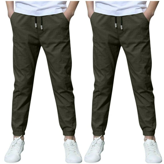 SEAOPEN 2 Pack Boys Cotton Linen Pants Childrens Slim Fit Straight Leg Pants Drawstring Elastic Waist Pant with Pocket Casual Outwear Pants Army Green,11 Years