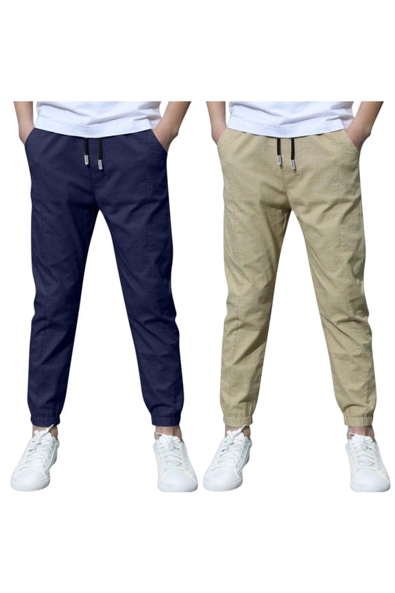 2 Pack Boys Cotton Linen Pants Childrens Slim Fit Straight Leg Pants Drawstring Elastic Waist Pant with Pocket Casual Outwear Pants Today Sales Light Blue,3 Years
