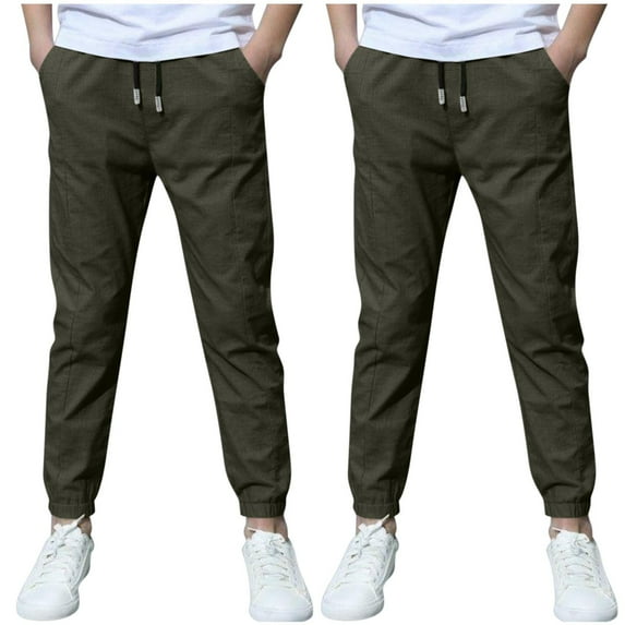 SEAOPEN 2 Pack Boys Cotton Linen Pants Childrens Slim Fit Straight Leg Pants Drawstring Elastic Waist Pant with Pocket Casual Outwear Pants Today Sales Army Green,7 Years