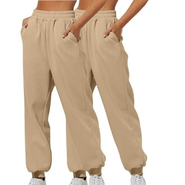SEAOPEN Deals 2 Pack Women's Fleece Joggers Sweatpants Lounge Womens High Waist Track Pants with Pockets Drawstring Rib Cinch Bottom Today Sales Khaki,M