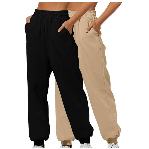 SEAOPEN 2 Pack Womens Jogger Pants with Pockets Soft Tapered Joggers Sweatpants for Women Drawstring Lounge Pants Black,XXL