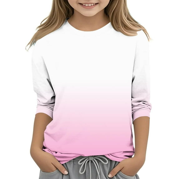 SEAOPEN 3/4 Sleeve Shirts for Children Loose Fit Crewneck Dressy Casual Tops Lightweight Solid Color Comfy Cute T Shirts Pink,120