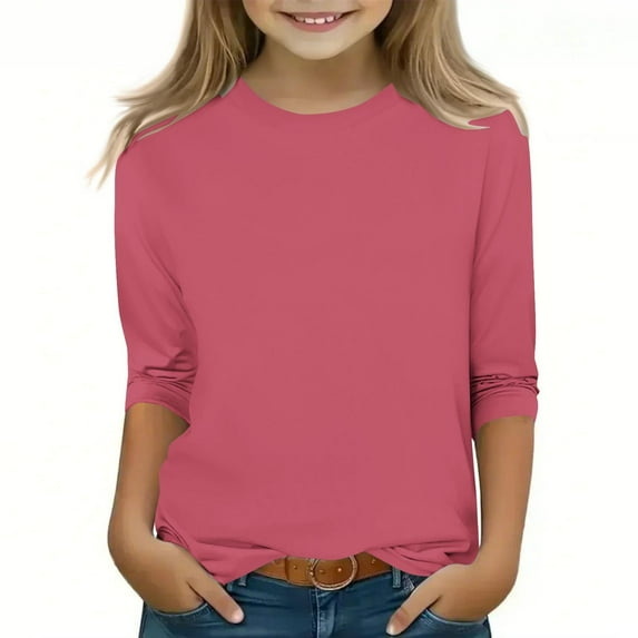 SEAOPEN 3/4 Sleeve Shirts for Girls Lightweight Solid Color Comfy Cute T Shirts Loose Fit Crewneck Dressy Casual Tops Pink,140