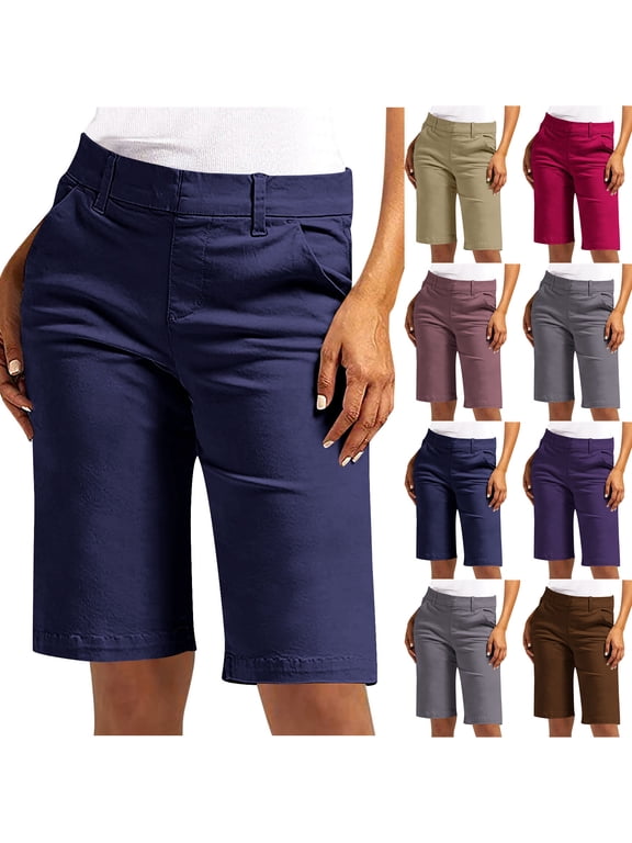 Bermuda Shorts for Women Knee Length High Waisted Elastic Wasit Summer Dressy Casual Long Chino Shorts L Dark Blue
