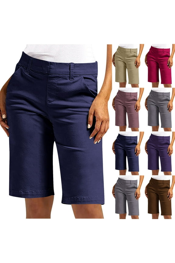 Bermuda Shorts for Women Knee Length High Waisted Elastic Wasit Summer Dressy Casual Long Chino Shorts XL Navy