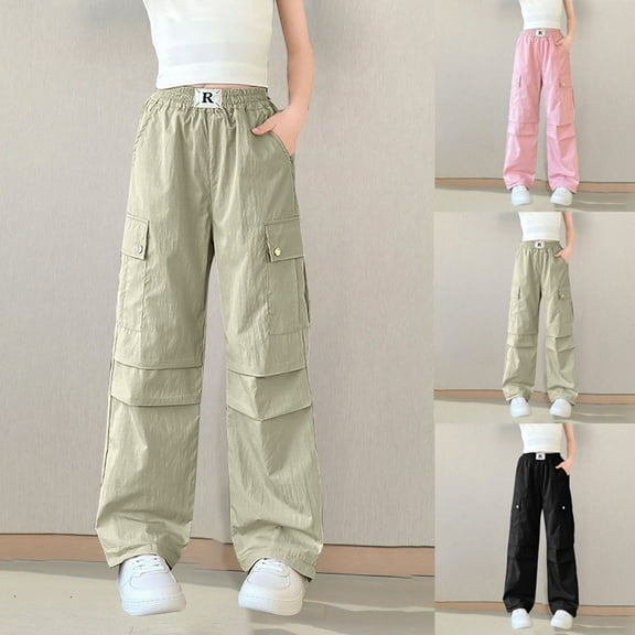 SEAOPEN Cargo Pants for Girls Parachute Baggy Joggers Pants Kids Clothes with Pockets 6-16Y Black,13 Years
