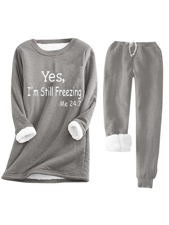 Fleece Pajamas for Women 2-Piece Warm and Cozy Flannel Pj Set Winter Hoodies for Women Warm Fuzzy Fleece Underwear Tops Thicken Gray,S