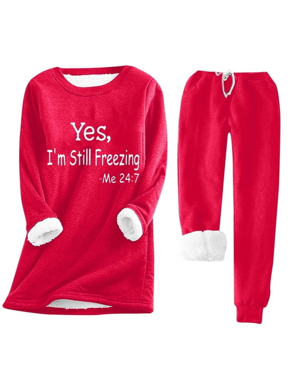 Fleece Pajamas for Women 2-Piece Warm and Cozy Flannel Pj Set Winter Hoodies for Women Warm Fuzzy Fleece Underwear Tops Thicken Red,M