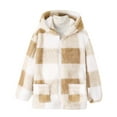 thumbnail image 1 of SEAOPEN Fuzzy Sherpa Jacket Women Plaid Button Down Fuzzy Shirt Jackets Comfy Fluffy Sweater Outerwear Winter Coats Khaki,13 Years, 1 of 4