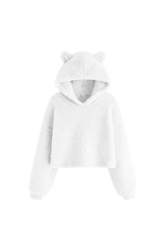 Girl's Cute Ear Crop Tops Long Sleeve Causal Plain Hoodie Sweatshirt Shirt White,7 Years