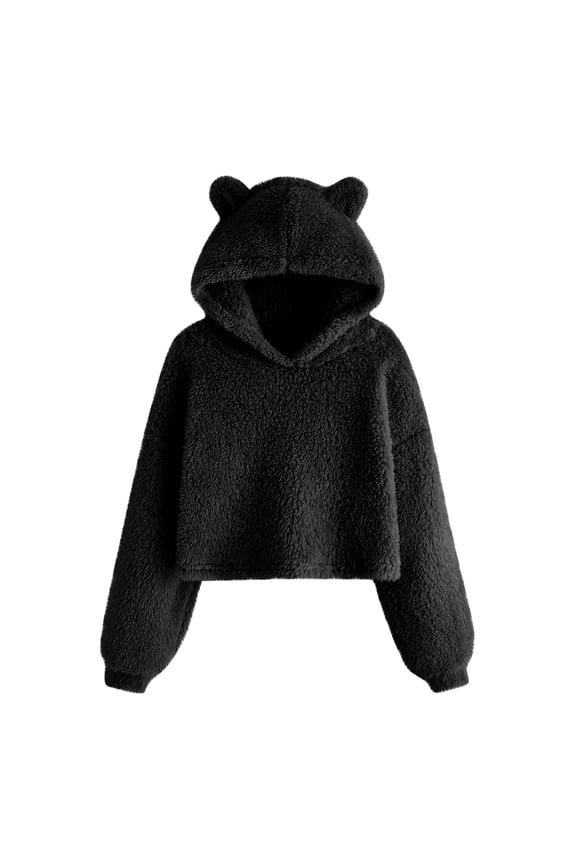 Girl's Cute Ear Crop Tops Long Sleeve Causal Plain Hoodie Sweatshirt Shirt under $10.00 Black,8 Years