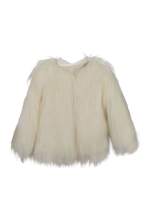 Girl's Faux Fur Fleece Solid Jacket Outwear Long Sleeve Open Front Warm Coat Jacket White,L