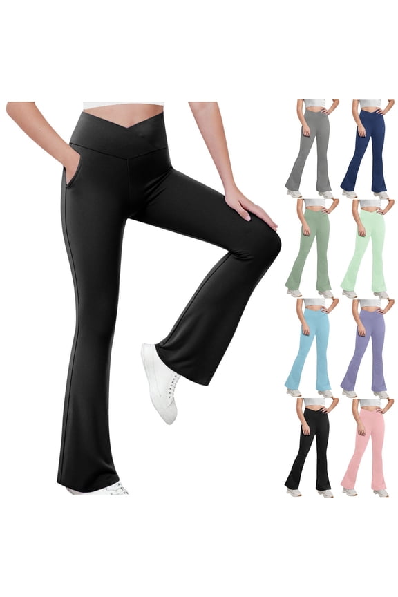 Girl's Leggings Cross High Waisted Flare Pants Yoga Bootcut Pants Solid Color Full Length Bell Bottoms Dark Blue,14 Years
