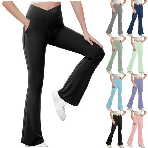 SEAOPEN Deals Girl's Leggings Cross High Waisted Flare Pants Yoga Bootcut Pants Solid Color Full Length Bell Bottoms Green,14 Years