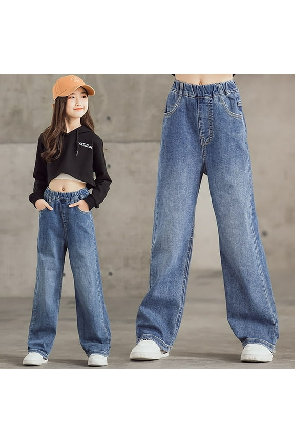 Girl's Raw Hem Jeans Long Bell Bottom Wide Leg Denim Pants with Pockets Blue,100