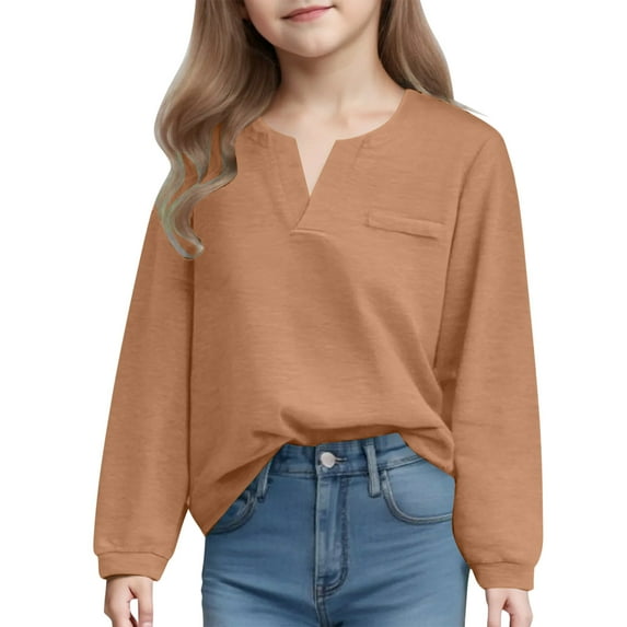 SEAOPEN Girls Casual V Neck Long Sleece Tops Loose Fit Tunic Fall Spring T Shirts Blouse Today Brown,9 Years