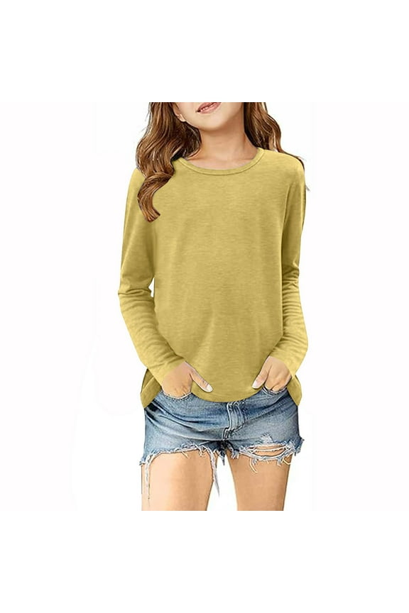 Girls Crop Tops Long Sleeve Shirts Drop Shoulder Crewneck Casual Fashion T Shirts Tee Yellow,11 Years
