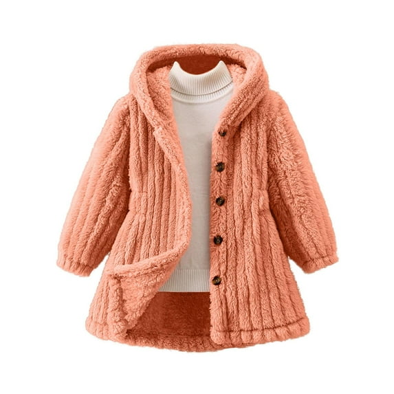 SEAOPEN Girls Fleece Sherpa Jacket Faux Shearling Fluffy Button Hooded Coat Fuzzy Outerwear Warm Winter Clothes with Pockets Orange,7 Years