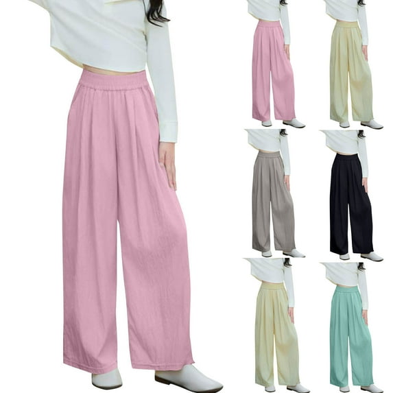 SEAOPEN Girls High Waisted Uniform Pants Kids Wide Leg Dress Pants Casual Trousers with Pockets 3-15 Years Green,7-8Years