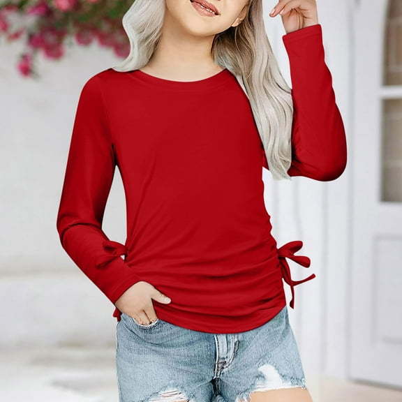 SEAOPEN Girls Long Sleeve Shirts Ruched Knot Side Tunic Blouse Tee Tops for Kids Today Sales Red,13 Years