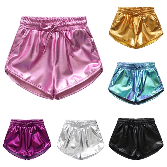 SEAOPEN Girls Metallic Shorts Sparkly Hot Pants Shiny Dance Outfits Short Pants Today Black,6 Years