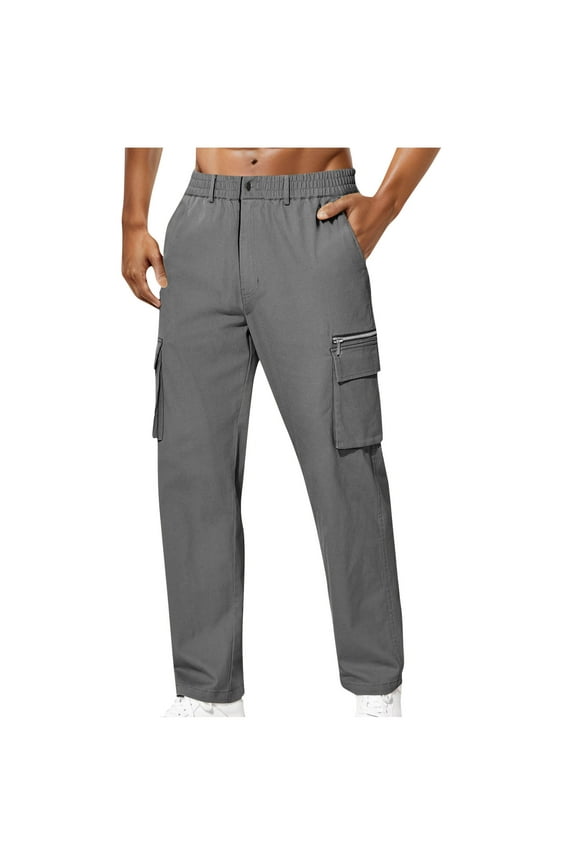 Men's Cargo Pants Drawstring Stretch Waist Waist Twill Joggers Trousers with Zipper Pockets Today Gray,S