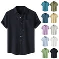 thumbnail image 1 of SEAOPEN Deals Men's Casual Solid Turndown Short Sleeve Button Closure Shirt Hawaii Blouse Army Green,XL, 1 of 5