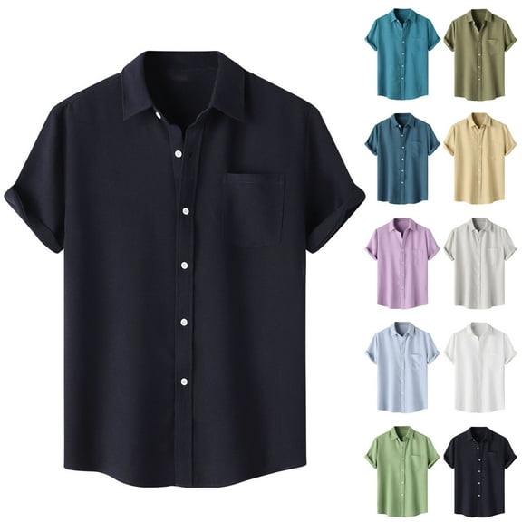 SEAOPEN Men's Casual Solid Turndown Short Sleeve Button Closure Shirt Hawaii Blouse Khaki,L