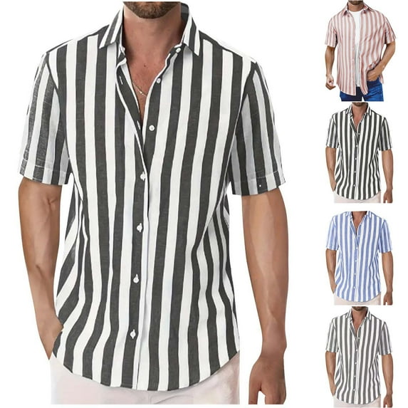 SEAOPEN Deals Men's Casual Stylish Short Sleeve Button-Up Striped Dress Shirts Beach Shirt for Dad Gray,3XL