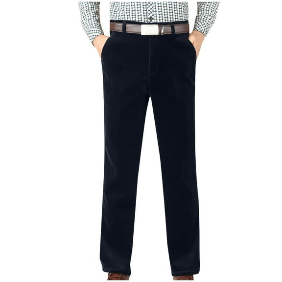 Htigea Men's Corduroy Pant Straight Fit Flat-Front Casual Chino Pants Comfortable Warm Dress Pants with Pocket Today Sales Dark Blue,L