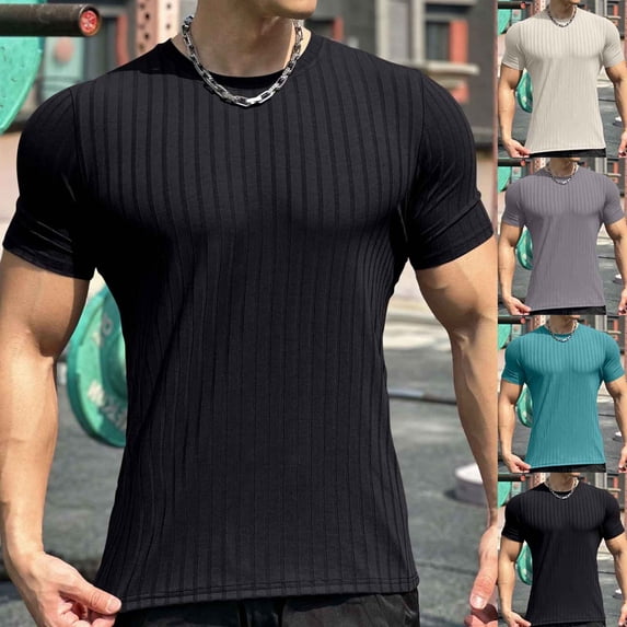 SEAOPEN Men's Muscle T Shirts Stretch Short Sleeve crewneck Bodybuilding Workout Tee Shirts Knit Shirt Today Green,L