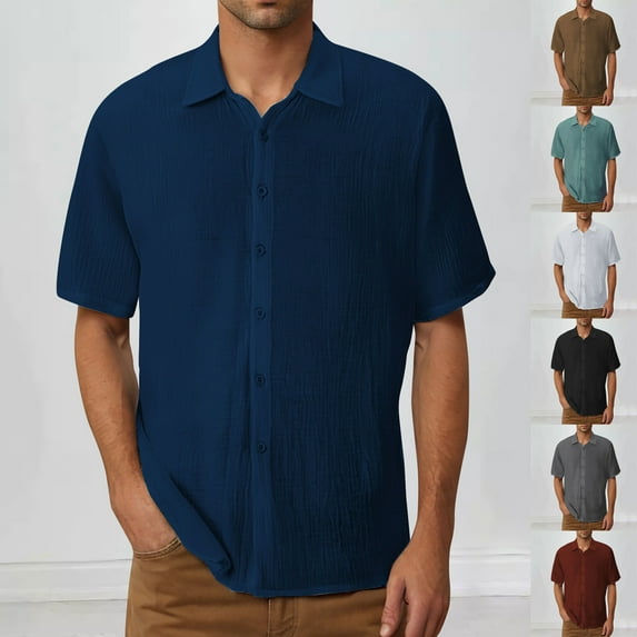 SEAOPEN Men's Short Sleeve Shirts Casual Solid Color Button Down Shirt for Men Beach Summer Shirt with Pocket Dark Blue,2XL