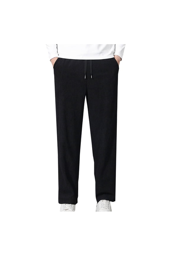 Htigea Mens Casual Corduroy Pants Flat Front Elastic Waistband Stretch Straight Leg Slim Fit Dress Pant Outdoor Daily with Pockets Black,XXXXXL