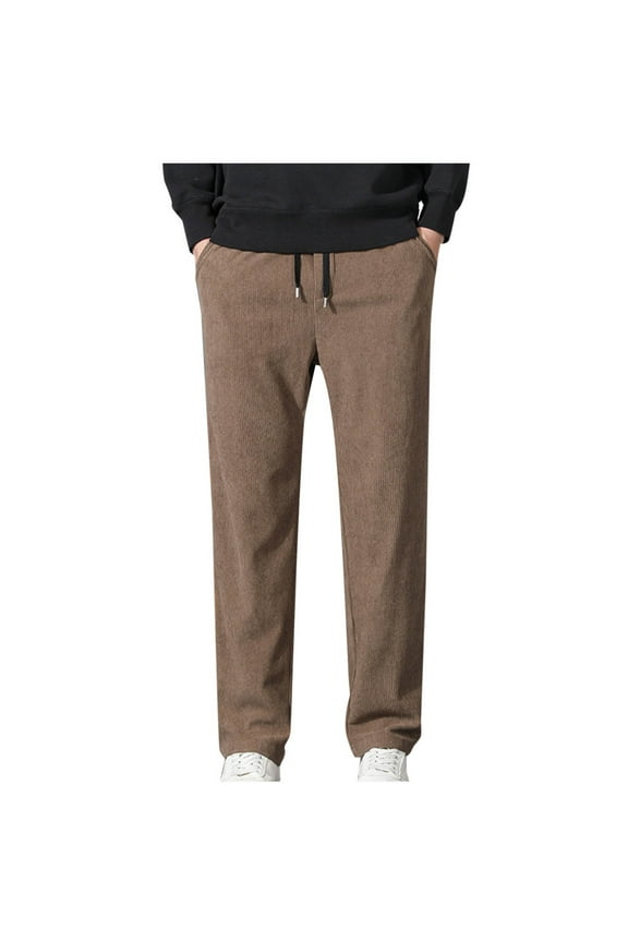 Htigea Mens Casual Corduroy Pants Flat Front Elastic Waistband Stretch Straight Leg Slim Fit Dress Pant Outdoor Daily with Pockets Khaki,L
