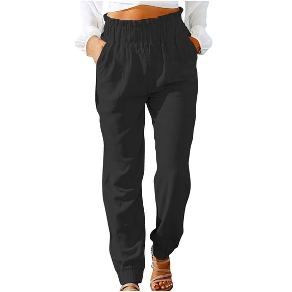 SEAOPEN Pants for Women High Waisted Wide Leg Linen Trousers Pull On Elastic Smock Waist Loose Flowy Pants Today Black,L