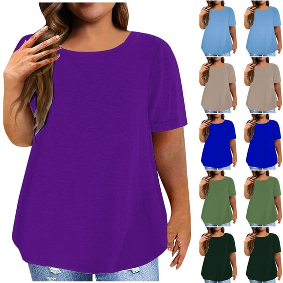 SEAOPEN Plus Size Summer T Shirts Women Tops Short Sleeve Round Neck Casual Loose Fit Tee Tshirts Tunic Light Blue,L