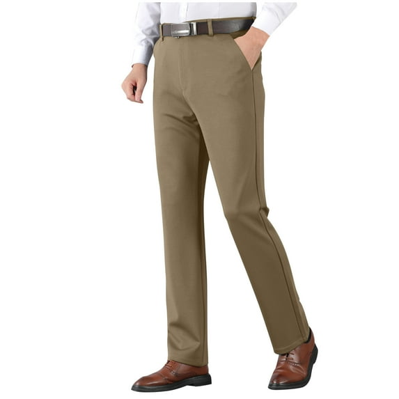 Htigea Clearance Stretch Mens Dress Pants Slim Fit Dress Pants for Men Expandable Waist Wrinkle Free Work Dress Pants Golf Pants Khaki,L