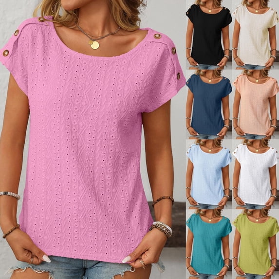 SEAOPEN Summer Hollow Out T-Shirt Women's Short Sleeve O-Neck Lightweight Breathable Tops Today Pink,XL