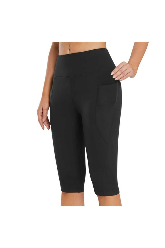 Thick High Waist Capris Yoga Pants with Pockets, Tummy Control Workout Running Yoga Leggings for Women Today Sales Black,XXL