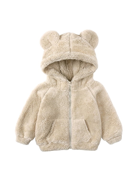 Toddler Kids Fleece Hooded Jacket Coat with Ears Zipper Lightweight Long Sleeve Thick Warm Outerwear Beige,3 Years