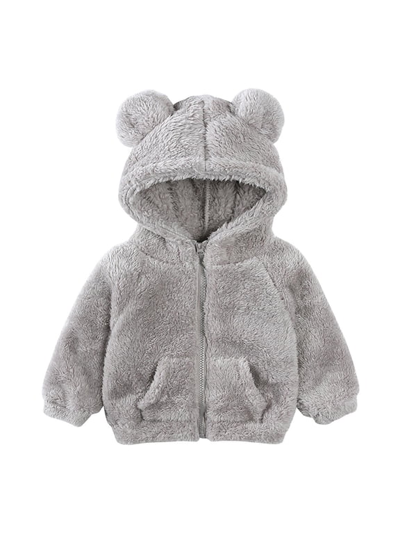 Toddler Kids Fleece Hooded Jacket Coat with Ears Zipper Lightweight Long Sleeve Thick Warm Outerwear Gray,4 Years