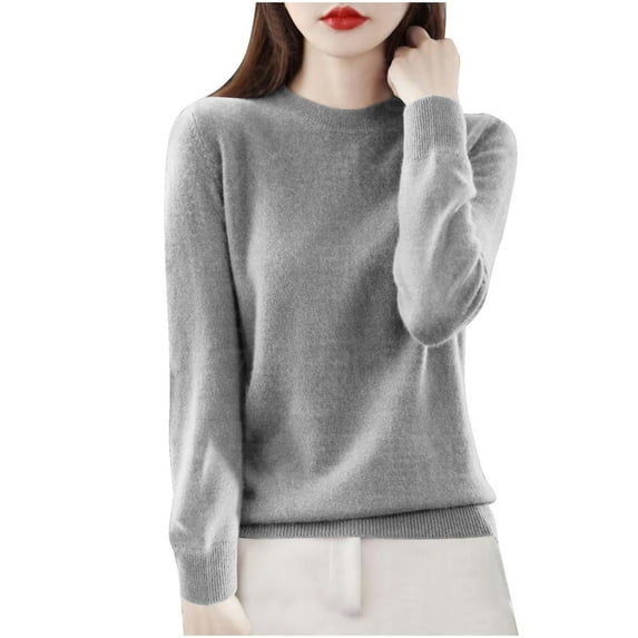 SEAOPEN Deals Women Crewneck Long Sleeve Knitted Sweater 2024 Loose Fit Soft Solid Pullover Fall Savings Gray,M