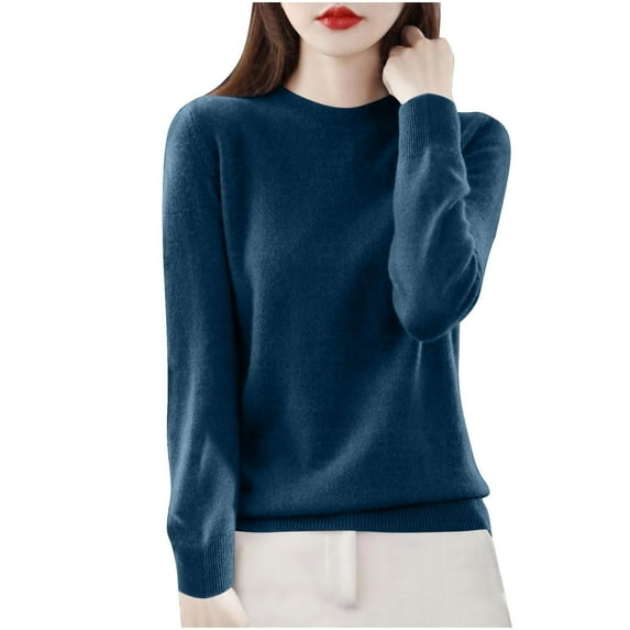 SEAOPEN Women Crewneck Long Sleeve Knitted Sweater 2024 Loose Fit Soft Solid Pullover Today Sales Dark Blue,L