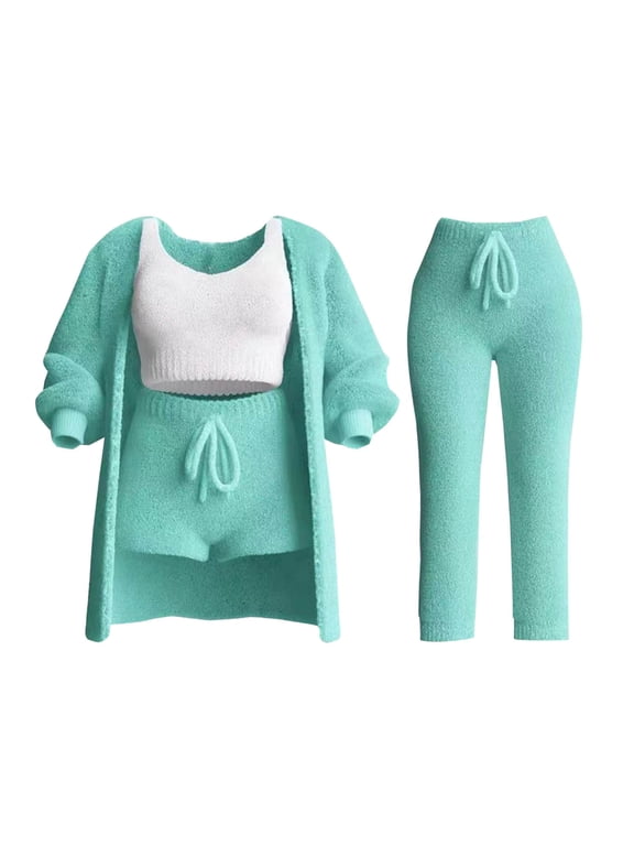 Women Fuzzy Fleece 4 Piece Sets Outfits Soft Cardigan and Crop Top Pants Set, Women's Fuzzy 4 Piece Sweatsuit Open Front Cardigan Crop Tank Tops Pants Lounge Sets Today Green,M