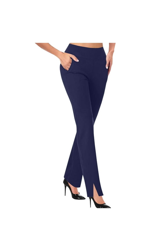 Women High Waist Split Hem Flare Work Pants with Pockets Stretchy Pull On Long Pant Casual Slack Business Work Trousers Today Dark Blue,S