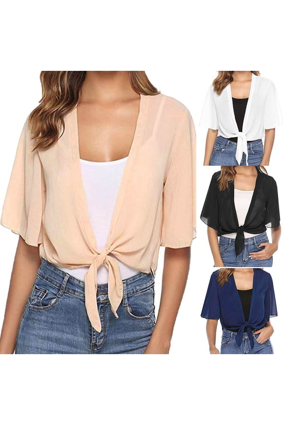 Women Summer Open Front Sheer Short Sleeve Ruffle Cropped Chiffon Capes Shrug Cardigan Beige,L