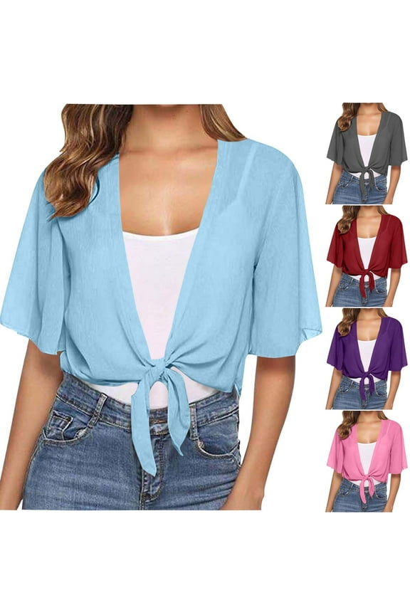 Women Tie Front Chiffon Shrug Short Sleeve Cropped Sheer Shrug Cardigan Wine,L